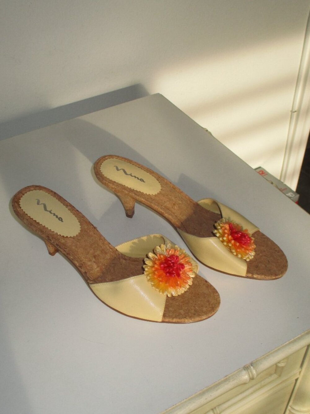 Nina Cream Slide Sandal with Orange-Red Flower Accent - Picture 2 of 8